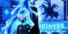 a cartoon character with long blue hair and a mask stands in front of a sign that says phyrde