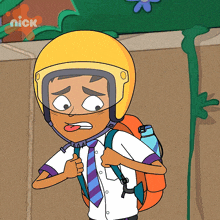 a cartoon of a boy wearing a yellow helmet and carrying an orange backpack with a nick logo in the background