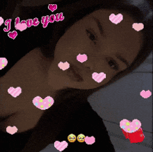 a woman surrounded by pink hearts with the words i love you