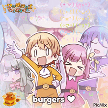 a group of cartoon characters are standing next to each other and the word burgers is on the bottom