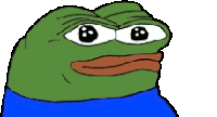 a green frog wearing a blue sweater is making a peace sign with his hand .