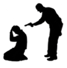 a silhouette of a man pointing a gun at a woman on her knees .