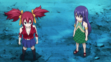two anime characters standing next to each other with one wearing a green dress