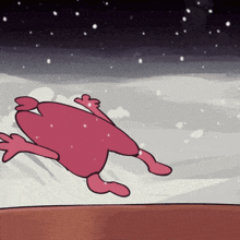 a cartoon drawing of a pink frog running in the snow
