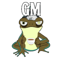 a frog drinking a cup of coffee with the word gm written above it