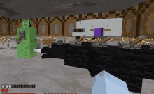 a creeper is standing next to a black gun in a minecraft game
