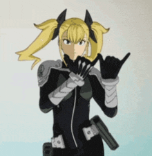 a girl with blonde hair and pigtails is holding a gun and making a shaka sign