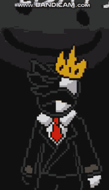 a black and white drawing of a man in a suit and tie with a yellow crown on his head .