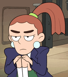 a cartoon character with a ponytail and earrings looks angry