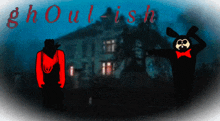 a drawing of a man and a rabbit with the word ghoulish in red