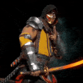 a video game character holding a flaming sword