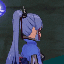 a cartoon girl with blue hair is standing in front of a purple object .