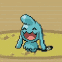 a pixel art drawing of a blue cartoon character sitting on a yellow surface