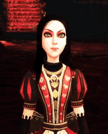a cartoon character is wearing a red dress with hearts on it