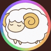 a cartoon sheep with a spiral horn is sleeping in a circle with a rainbow border .