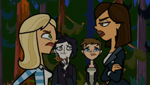 a group of cartoon characters are standing in a forest and one of them is pointing at another