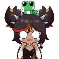 a cartoon girl with a frog on her head and the letter c on her chest