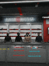 a group of men are standing in front of a sign that says ammunition