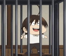 a cartoon character in a jail cell with his mouth open and arms outstretched