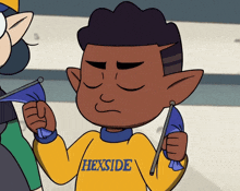 a cartoon character wearing a yellow shirt that says hexside on it