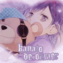 a girl with purple hair is holding a teddy bear and the words kanato de omer are written below her