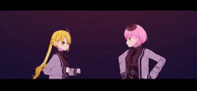 two anime characters are standing next to each other in front of a purple background