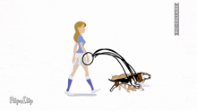 a woman is walking a bunch of dogs on a leash with a flipa clip logo in the corner