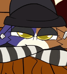 a cartoon of a cat wearing a black hat and striped scarf