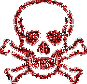 a red skull and crossbones with hearts in the eyes