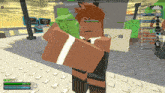 a screenshot of a roblox game shows a person holding a green object