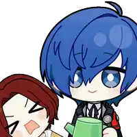 a cartoon character with blue hair is holding a watering can