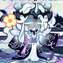 a cartoon character with a flower in her hand and a flower on her head