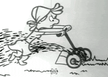 a black and white drawing of a person using a lawn mower