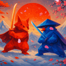 a painting of two birds holding swords in front of a sun