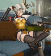 a video game character is sitting on a couch with her legs crossed and a sign that says ' rr ' on it