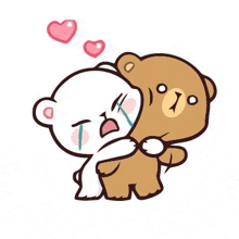 a couple of teddy bears hugging each other with hearts coming out of their heads .