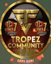 a logo for the tropez community has a gold border and a red background