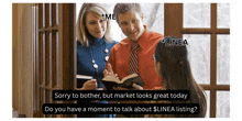 a man and a woman are talking to a woman who is asking about linea