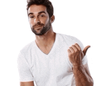 a man with a beard wearing a white t-shirt is pointing to the side