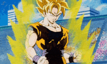 a cartoon of a man with yellow hair and a fist in his hand