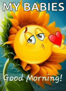 a sunflower with a smiley face on it and the words " my babies good morning " on the bottom