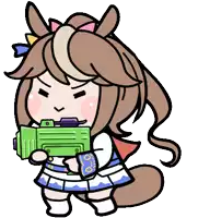 a cartoon drawing of a horse girl holding a water gun .