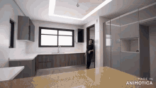 a woman is standing in a kitchen with the words made in animotica above her