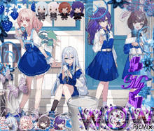a group of anime girls standing around a glass of milk with the word picmix in the corner