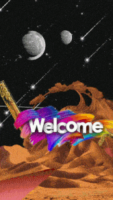 a colorful painting with the word welcome in white letters