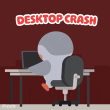 a cartoon penguin sits at a desk with the words desktop crash above it