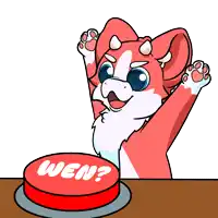 a cartoon dog is pressing a red button with the word wen on it