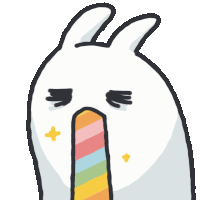 a cartoon drawing of a white rabbit with a rainbow colored nose
