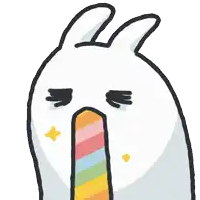 a cartoon drawing of a white rabbit with a rainbow colored nose