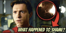 a man in a spiderman costume with the words what happened to shame above him